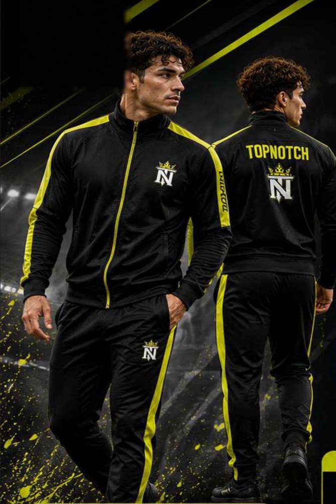 Two athletes wearing black and gold Top Notch Sports custom tracksuits, front and back view