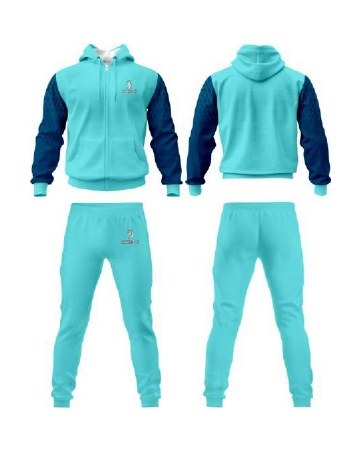 The same tracksuit design in the catalog turquoise and navy colorway